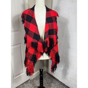 TCEC Women's‎ M Vest Buffalo Check Fringe Sweater Black Red Boho Festival